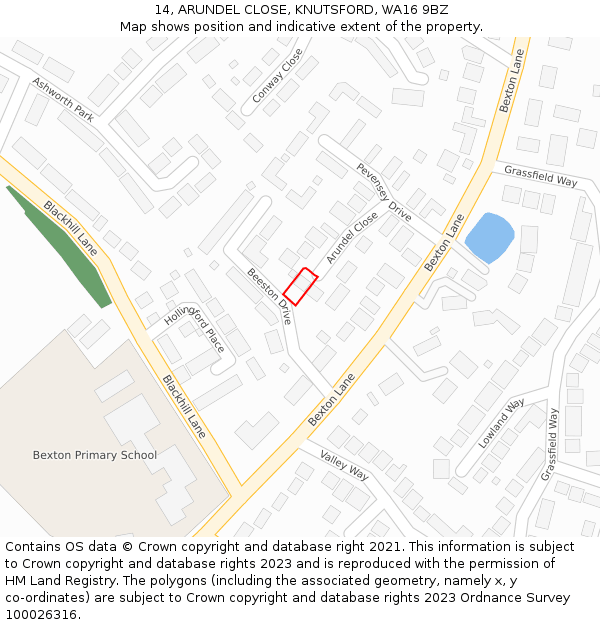 14, ARUNDEL CLOSE, KNUTSFORD, WA16 9BZ: Location map and indicative extent of plot