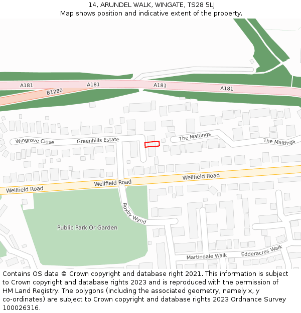 14, ARUNDEL WALK, WINGATE, TS28 5LJ: Location map and indicative extent of plot