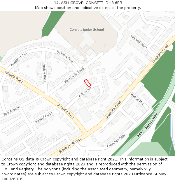 14, ASH GROVE, CONSETT, DH8 6EB: Location map and indicative extent of plot