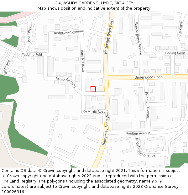 14, ASHBY GARDENS, HYDE, SK14 3EY: Location map and indicative extent of plot