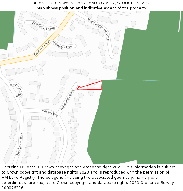 14, ASHENDEN WALK, FARNHAM COMMON, SLOUGH, SL2 3UF: Location map and indicative extent of plot