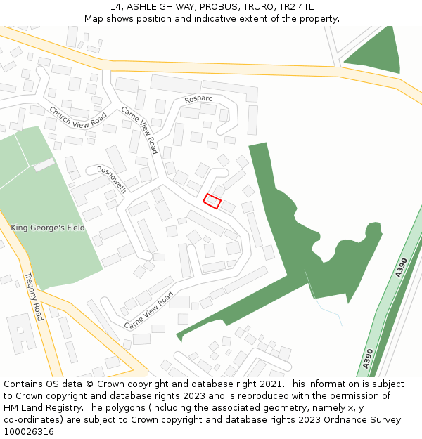 14, ASHLEIGH WAY, PROBUS, TRURO, TR2 4TL: Location map and indicative extent of plot