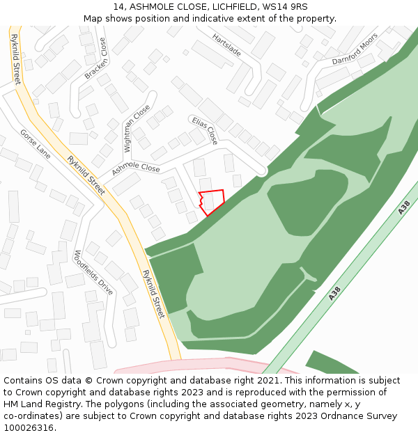 14, ASHMOLE CLOSE, LICHFIELD, WS14 9RS: Location map and indicative extent of plot