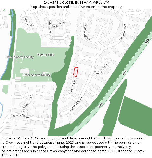 14, ASPEN CLOSE, EVESHAM, WR11 1YY: Location map and indicative extent of plot