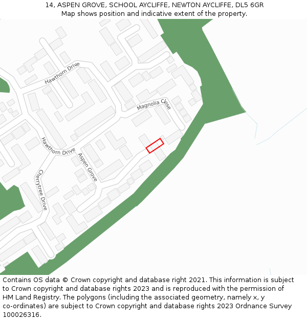 14, ASPEN GROVE, SCHOOL AYCLIFFE, NEWTON AYCLIFFE, DL5 6GR: Location map and indicative extent of plot