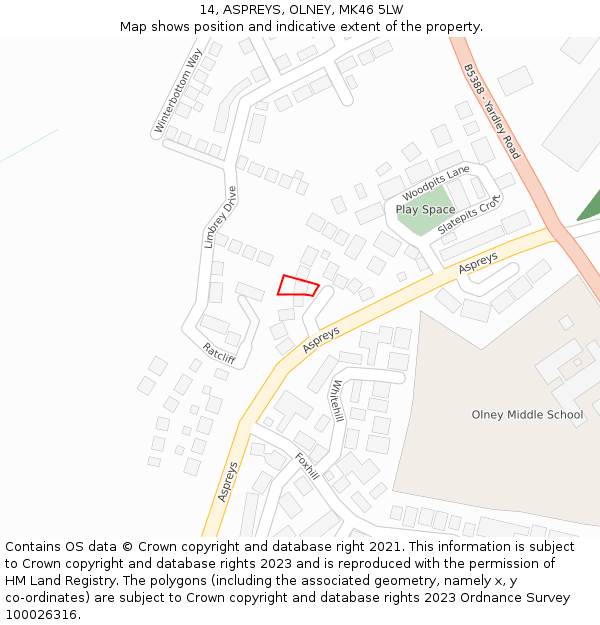 14, ASPREYS, OLNEY, MK46 5LW: Location map and indicative extent of plot