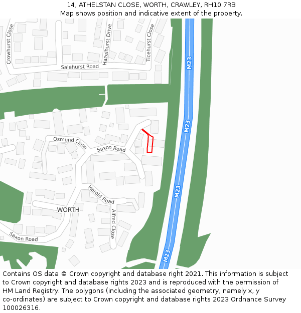 14, ATHELSTAN CLOSE, WORTH, CRAWLEY, RH10 7RB: Location map and indicative extent of plot