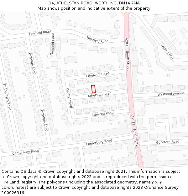 14, ATHELSTAN ROAD, WORTHING, BN14 7NA: Location map and indicative extent of plot