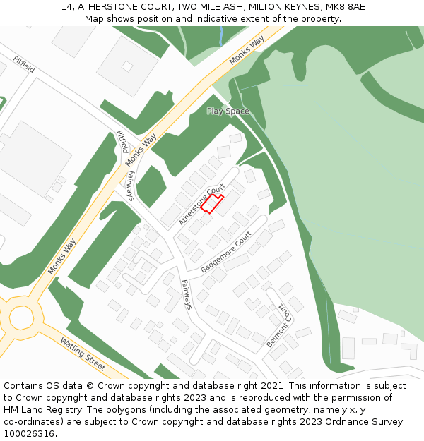 14, ATHERSTONE COURT, TWO MILE ASH, MILTON KEYNES, MK8 8AE: Location map and indicative extent of plot