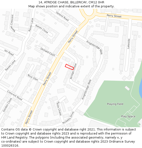 14, ATRIDGE CHASE, BILLERICAY, CM12 0HR: Location map and indicative extent of plot
