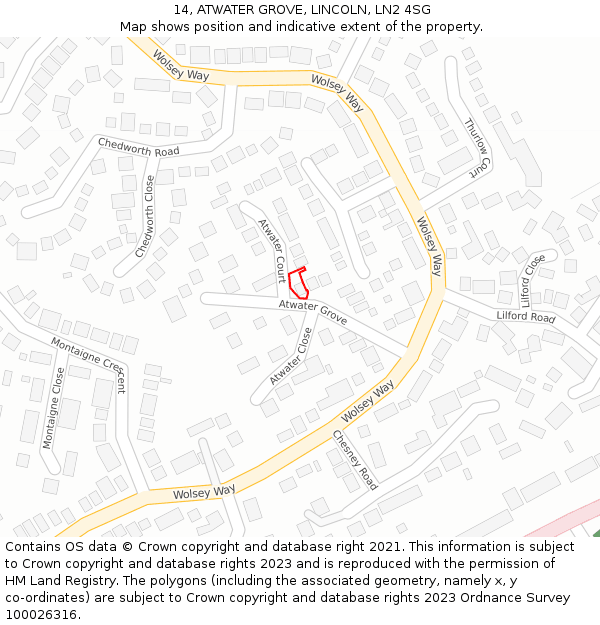 14, ATWATER GROVE, LINCOLN, LN2 4SG: Location map and indicative extent of plot