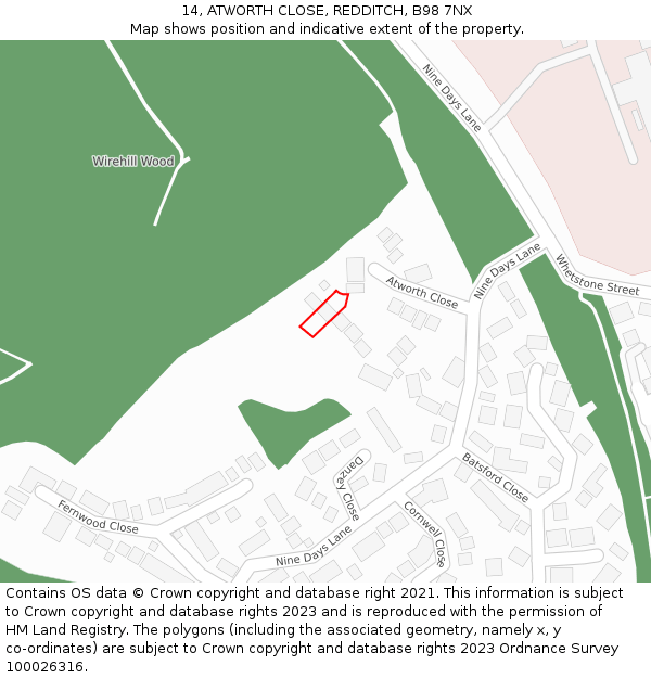 14, ATWORTH CLOSE, REDDITCH, B98 7NX: Location map and indicative extent of plot