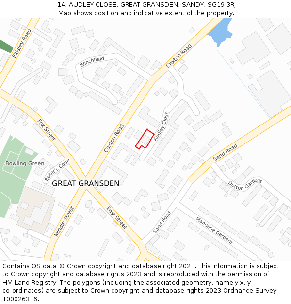 14, AUDLEY CLOSE, GREAT GRANSDEN, SANDY, SG19 3RJ: Location map and indicative extent of plot