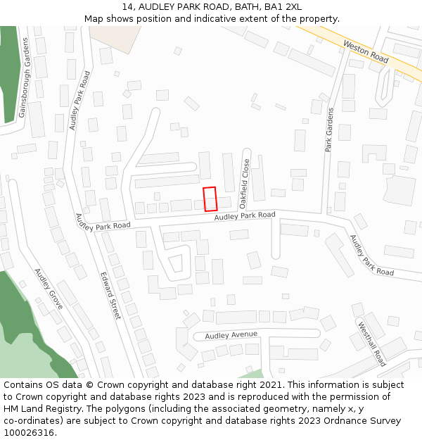 14, AUDLEY PARK ROAD, BATH, BA1 2XL: Location map and indicative extent of plot