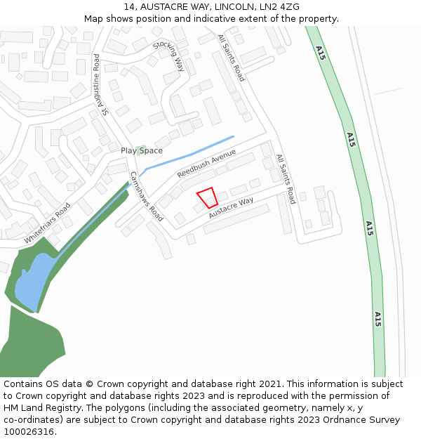 14, AUSTACRE WAY, LINCOLN, LN2 4ZG: Location map and indicative extent of plot