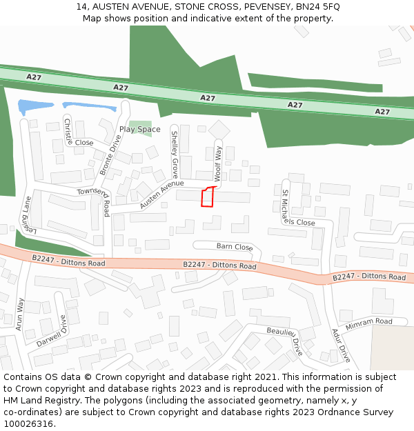 14, AUSTEN AVENUE, STONE CROSS, PEVENSEY, BN24 5FQ: Location map and indicative extent of plot