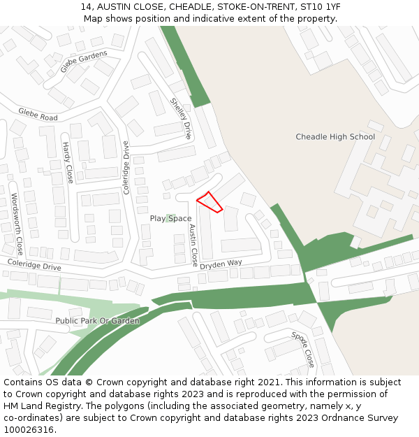 14, AUSTIN CLOSE, CHEADLE, STOKE-ON-TRENT, ST10 1YF: Location map and indicative extent of plot