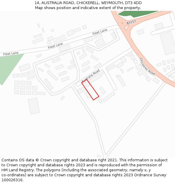 14, AUSTRALIA ROAD, CHICKERELL, WEYMOUTH, DT3 4DD: Location map and indicative extent of plot