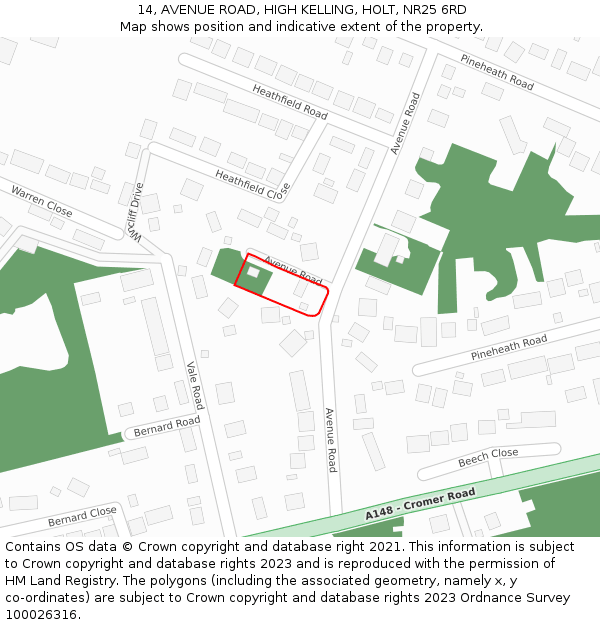 14, AVENUE ROAD, HIGH KELLING, HOLT, NR25 6RD: Location map and indicative extent of plot