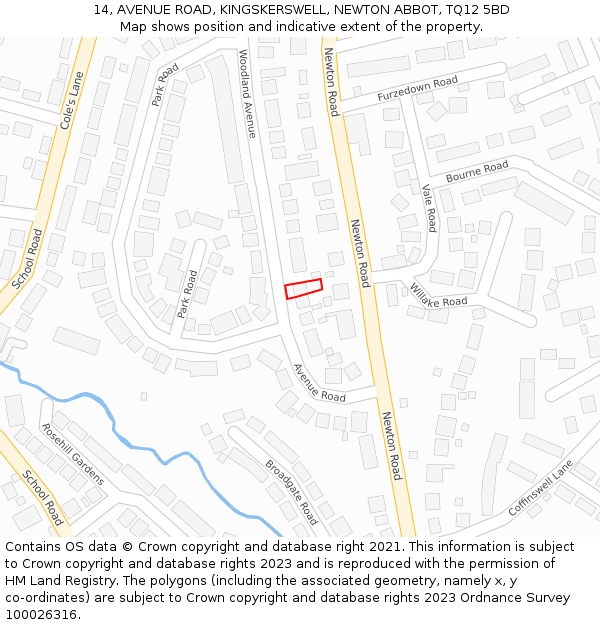 14, AVENUE ROAD, KINGSKERSWELL, NEWTON ABBOT, TQ12 5BD: Location map and indicative extent of plot