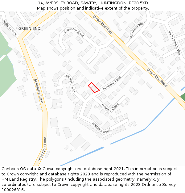 14, AVERSLEY ROAD, SAWTRY, HUNTINGDON, PE28 5XD: Location map and indicative extent of plot