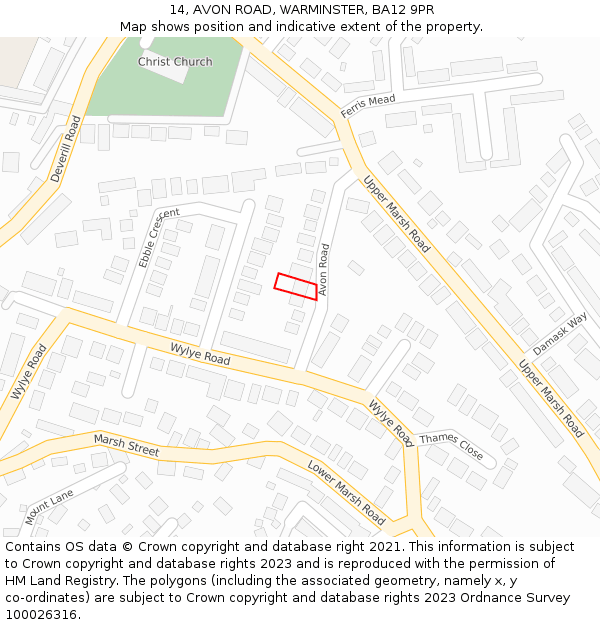 14, AVON ROAD, WARMINSTER, BA12 9PR: Location map and indicative extent of plot
