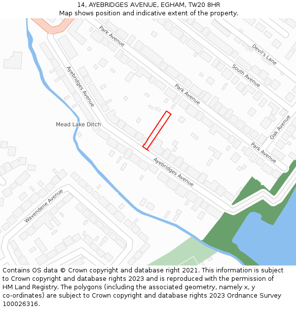 14, AYEBRIDGES AVENUE, EGHAM, TW20 8HR: Location map and indicative extent of plot