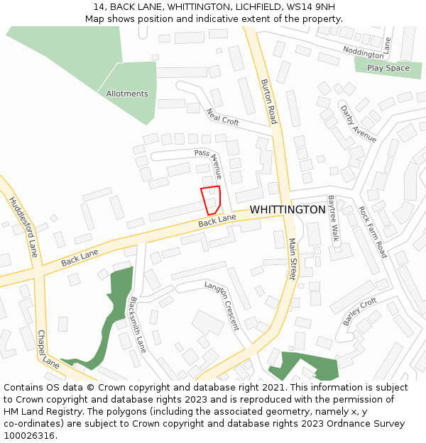 14, BACK LANE, WHITTINGTON, LICHFIELD, WS14 9NH: Location map and indicative extent of plot