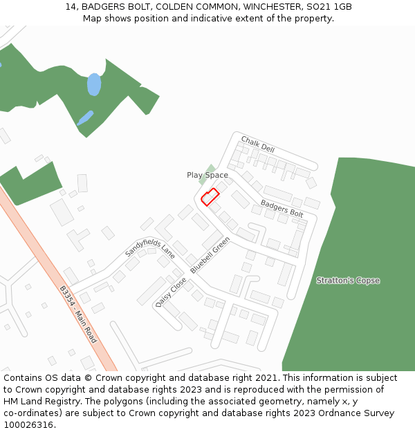 14, BADGERS BOLT, COLDEN COMMON, WINCHESTER, SO21 1GB: Location map and indicative extent of plot
