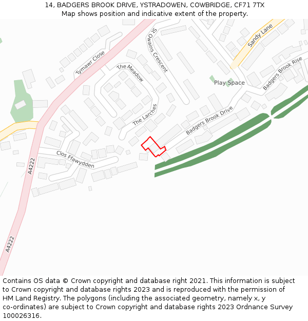 14, BADGERS BROOK DRIVE, YSTRADOWEN, COWBRIDGE, CF71 7TX: Location map and indicative extent of plot