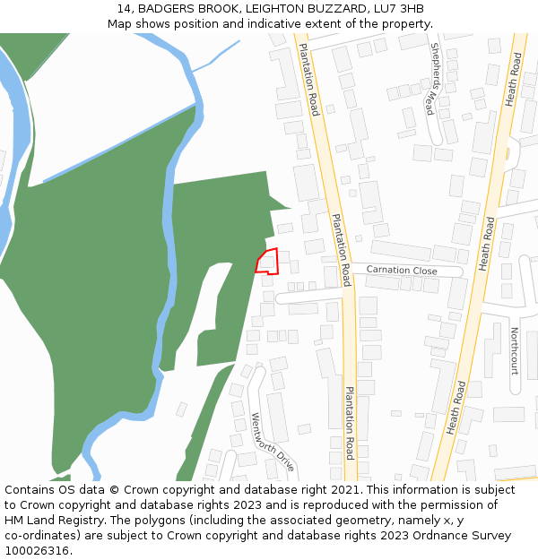 14, BADGERS BROOK, LEIGHTON BUZZARD, LU7 3HB: Location map and indicative extent of plot