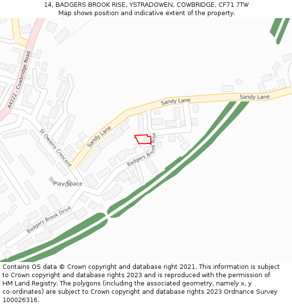 14, BADGERS BROOK RISE, YSTRADOWEN, COWBRIDGE, CF71 7TW: Location map and indicative extent of plot