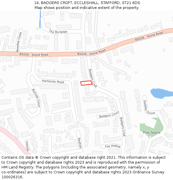 14, BADGERS CROFT, ECCLESHALL, STAFFORD, ST21 6DS: Location map and indicative extent of plot