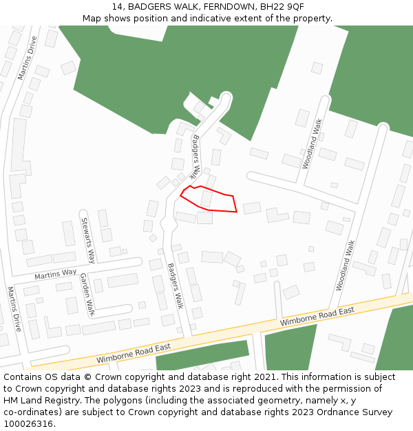 14, BADGERS WALK, FERNDOWN, BH22 9QF: Location map and indicative extent of plot