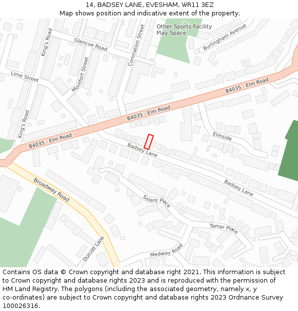 14, BADSEY LANE, EVESHAM, WR11 3EZ: Location map and indicative extent of plot