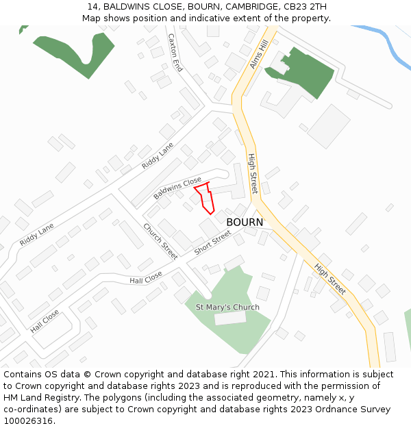 14, BALDWINS CLOSE, BOURN, CAMBRIDGE, CB23 2TH: Location map and indicative extent of plot