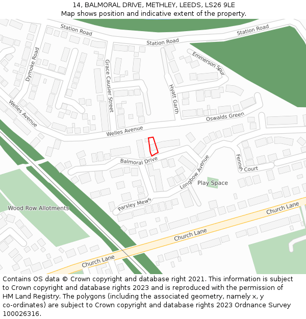 14, BALMORAL DRIVE, METHLEY, LEEDS, LS26 9LE: Location map and indicative extent of plot