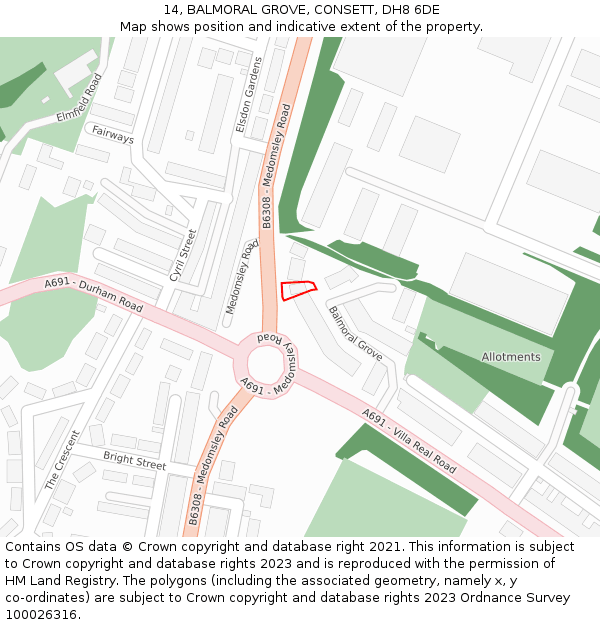 14, BALMORAL GROVE, CONSETT, DH8 6DE: Location map and indicative extent of plot