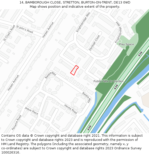 14, BAMBOROUGH CLOSE, STRETTON, BURTON-ON-TRENT, DE13 0WD: Location map and indicative extent of plot