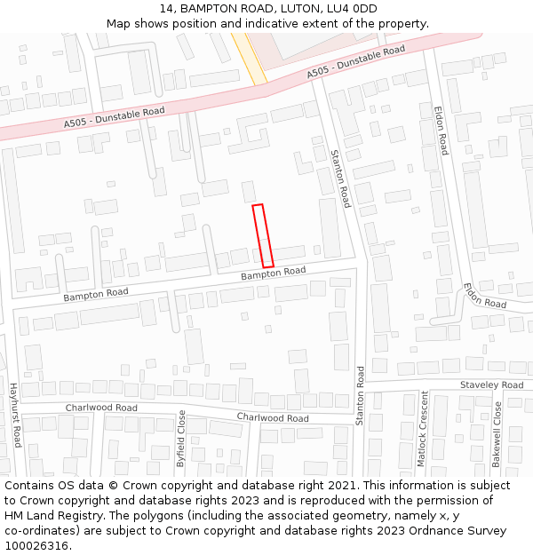 14, BAMPTON ROAD, LUTON, LU4 0DD: Location map and indicative extent of plot