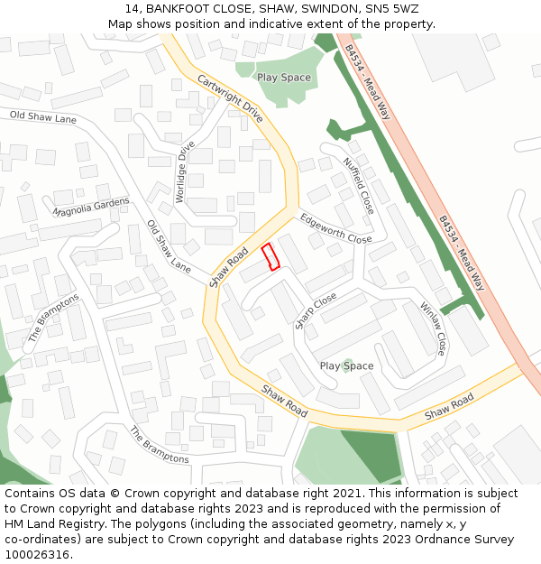 14, BANKFOOT CLOSE, SHAW, SWINDON, SN5 5WZ: Location map and indicative extent of plot