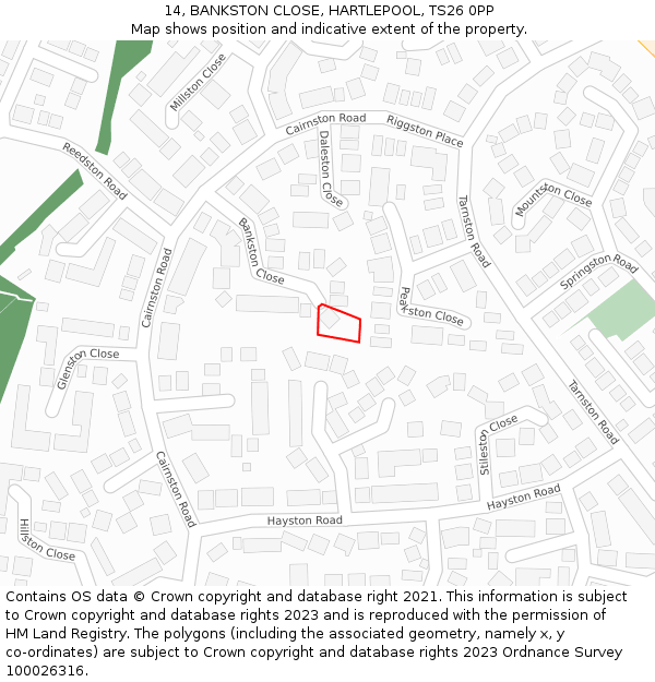 14, BANKSTON CLOSE, HARTLEPOOL, TS26 0PP: Location map and indicative extent of plot