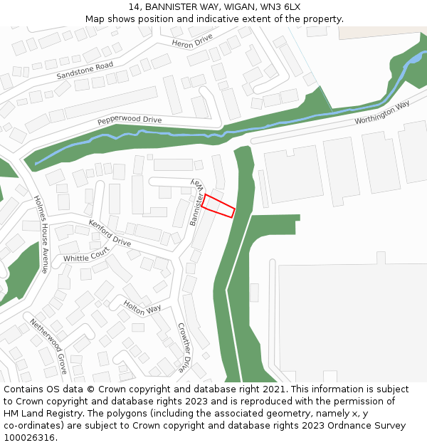 14, BANNISTER WAY, WIGAN, WN3 6LX: Location map and indicative extent of plot
