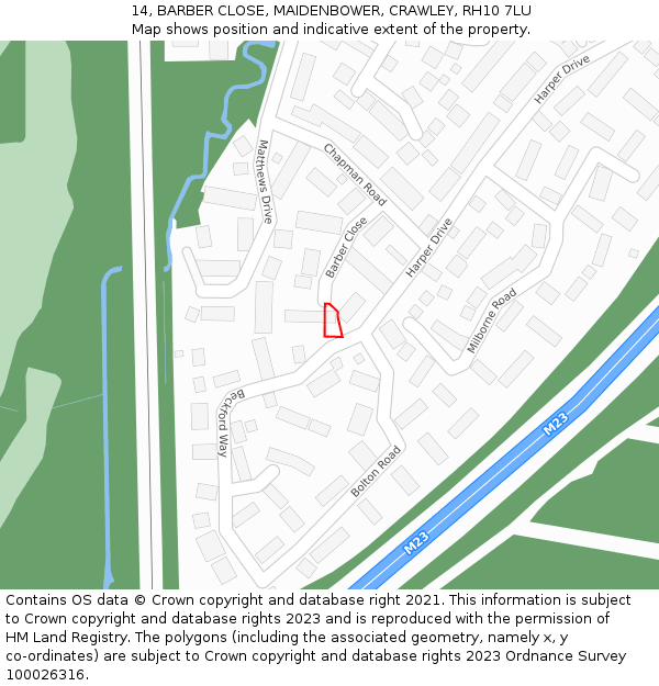 14, BARBER CLOSE, MAIDENBOWER, CRAWLEY, RH10 7LU: Location map and indicative extent of plot