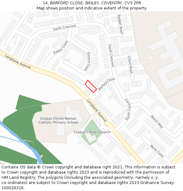 14, BARFORD CLOSE, BINLEY, COVENTRY, CV3 2PR: Location map and indicative extent of plot