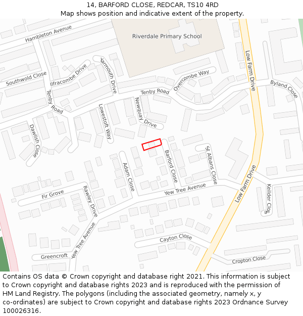 14, BARFORD CLOSE, REDCAR, TS10 4RD: Location map and indicative extent of plot