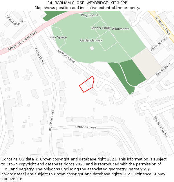 14, BARHAM CLOSE, WEYBRIDGE, KT13 9PR: Location map and indicative extent of plot