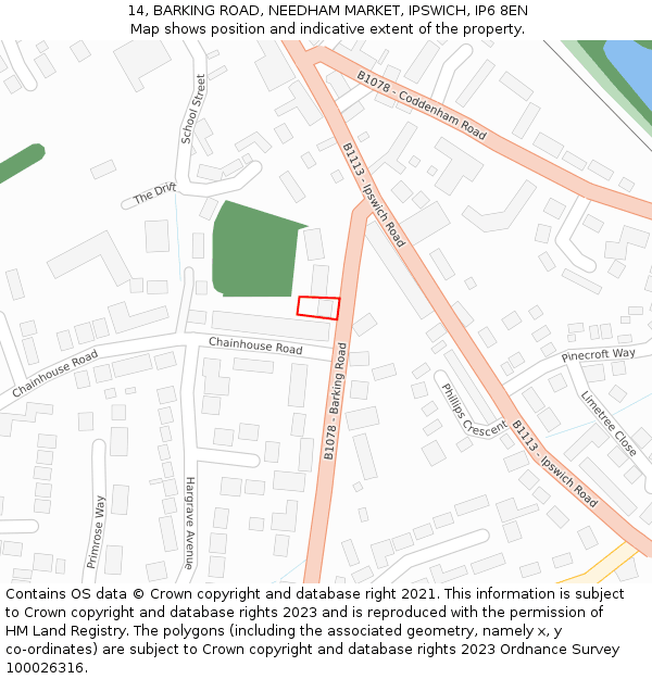 14, BARKING ROAD, NEEDHAM MARKET, IPSWICH, IP6 8EN: Location map and indicative extent of plot