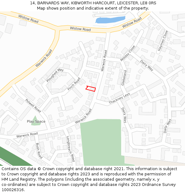 14, BARNARDS WAY, KIBWORTH HARCOURT, LEICESTER, LE8 0RS: Location map and indicative extent of plot