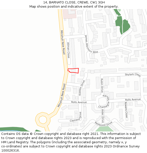 14, BARNATO CLOSE, CREWE, CW1 3GH: Location map and indicative extent of plot